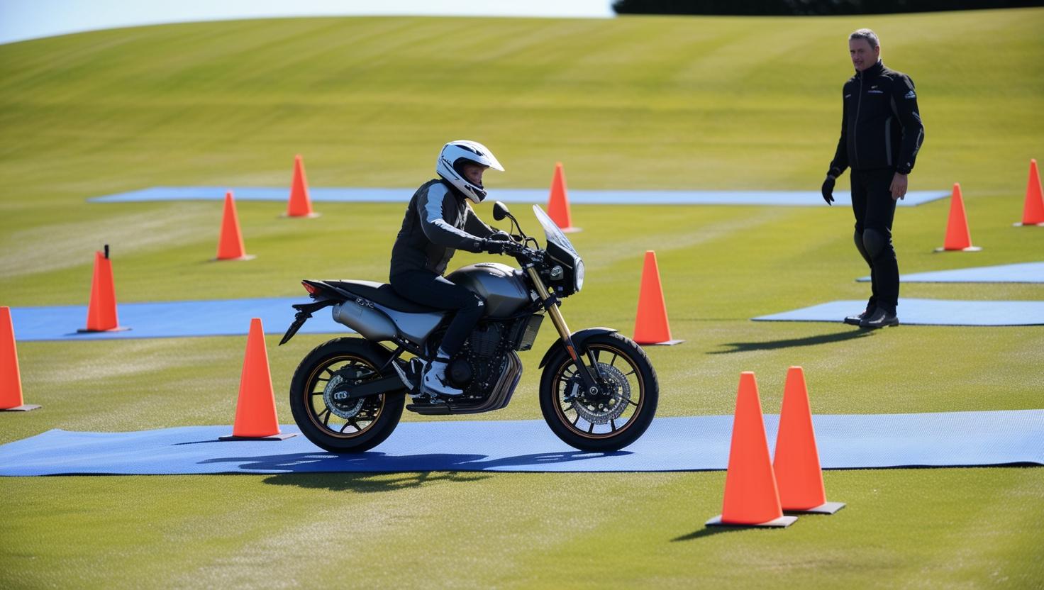 Berlatih sepeda motor antisipatif roda dua di lapangan tertutup dan ada cone serta instrukturnya Berlatih sepeda motor antisipatif roda dua di lapangan tertutup dan ada cone serta instrukturnya