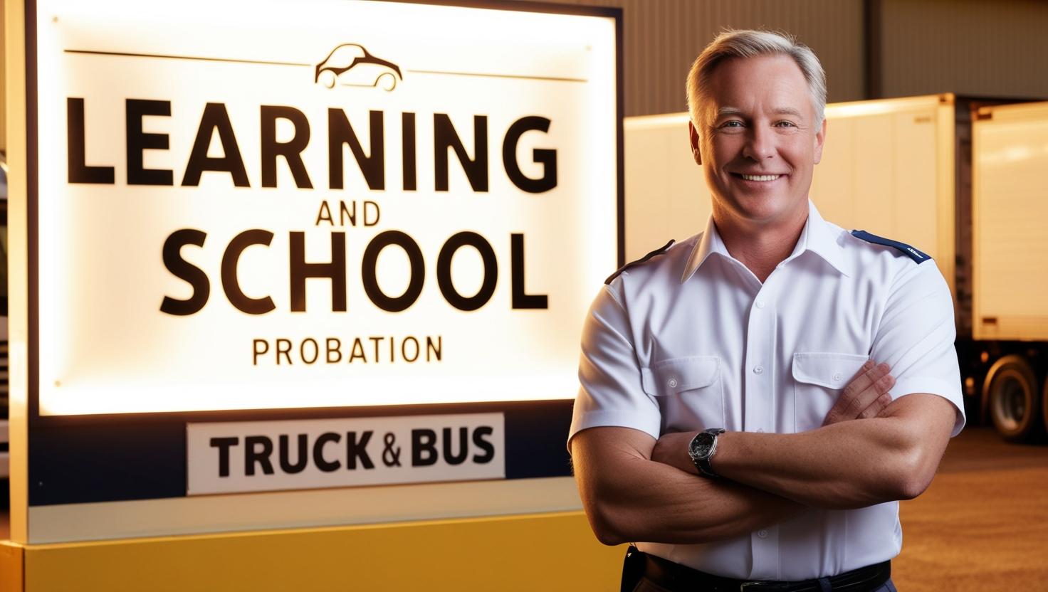 Instruktur pelatih mengemudi dengan latar belakang sekolah mengemudi untuk truk bus dan ada tulisan Learning dan Probation di belakangnya (1) Instruktur pelatih mengemudi dengan latar belakang sekolah mengemudi untuk truk bus dan ada tulisan Learning dan Probation di belakangnya (1)