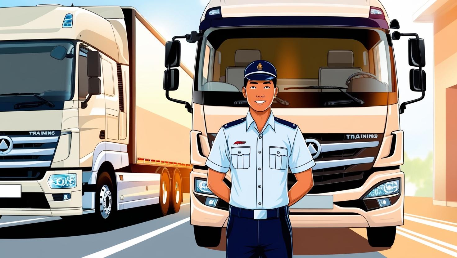 lembaga pelatihan mengemudi dengan latar belakang bis truk dan orang indonesia didepannya dengan menggunakan seragam pelatihan (3) lembaga pelatihan mengemudi dengan latar belakang bis truk dan orang indonesia didepannya dengan menggunakan seragam pelatihan (3)