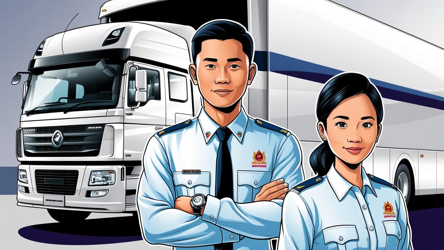 lembaga pelatihan mengemudi dengan latar belakang bis truk dan orang indonesia didepannya dengan menggunakan seragam pelatihan